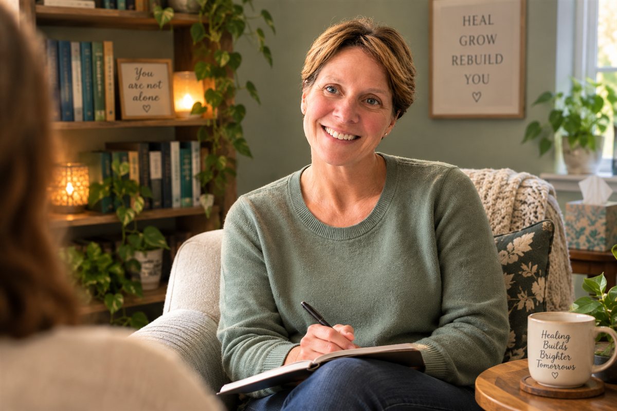 Compassionate one-on-one counseling session with Karen Brogdon in a comfortable, private clinical office setting